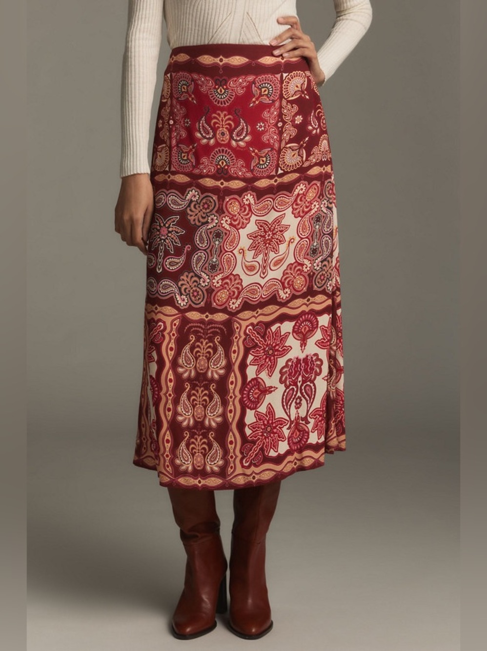 FARM Rio Red Paisley Floral Slip Midi Skirt Medium - Picture 5 of 10